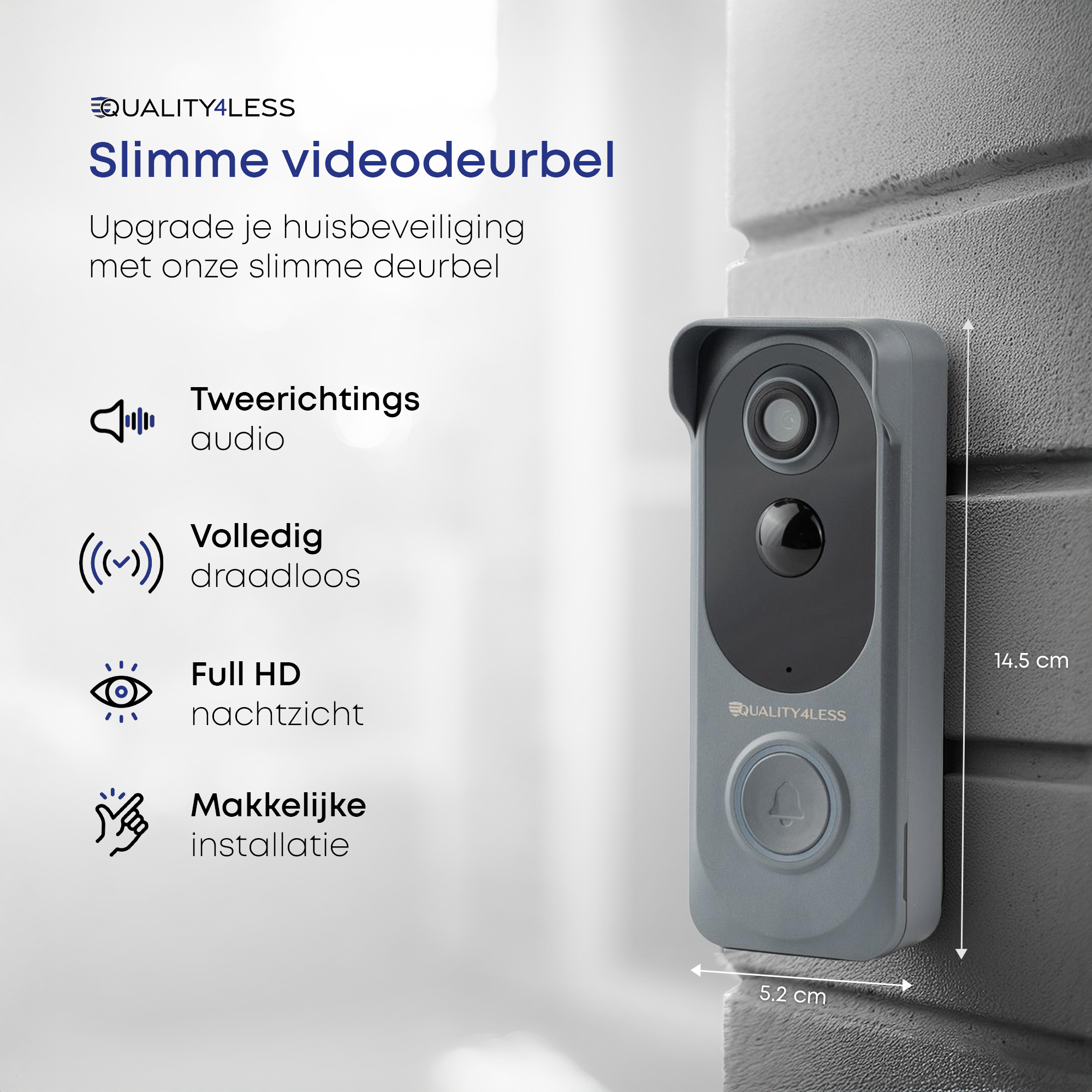 Quality4Less Grijze videodeurbel set — met gong & 32GB SD
