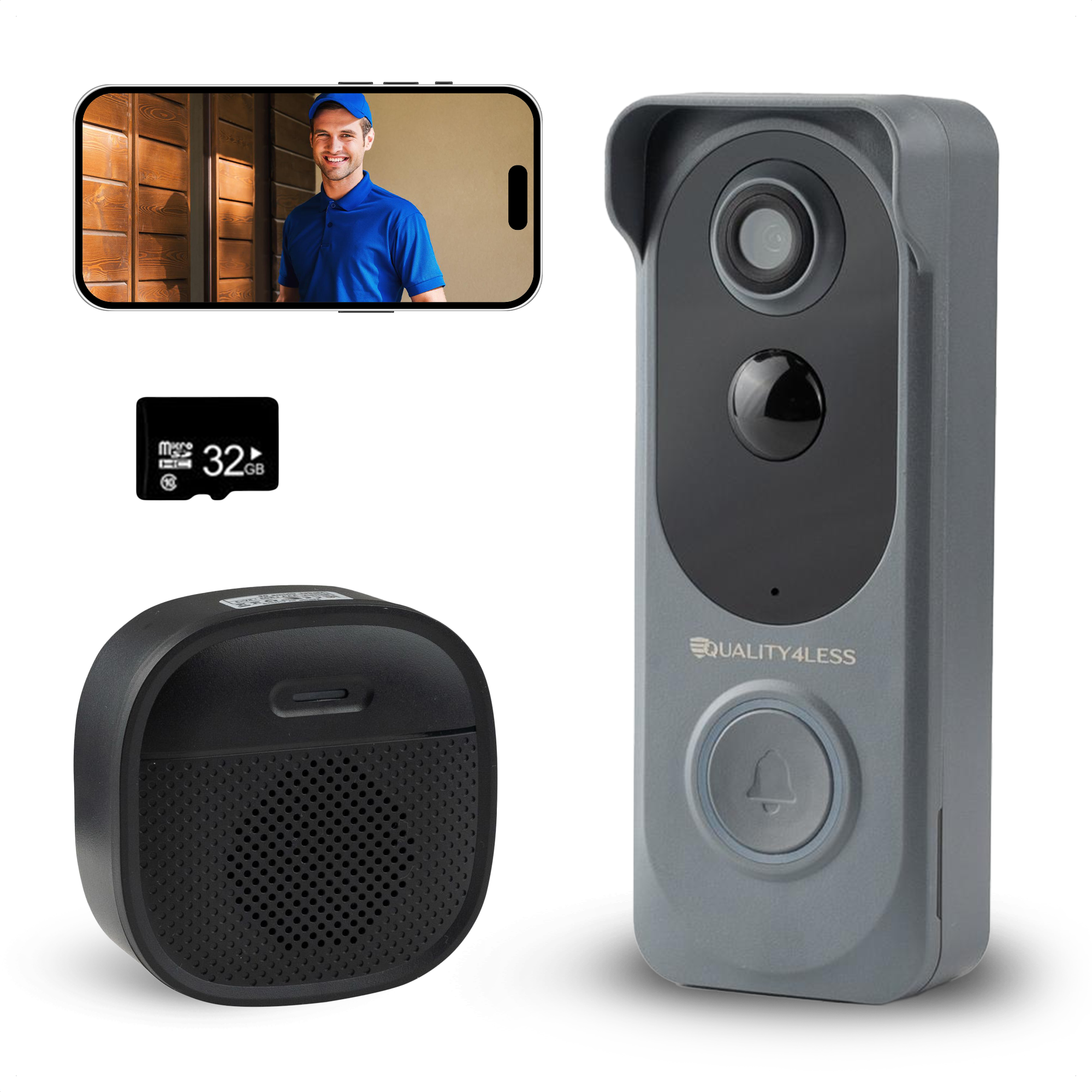 Quality4Less Grijze videodeurbel set — met gong & 32GB SD